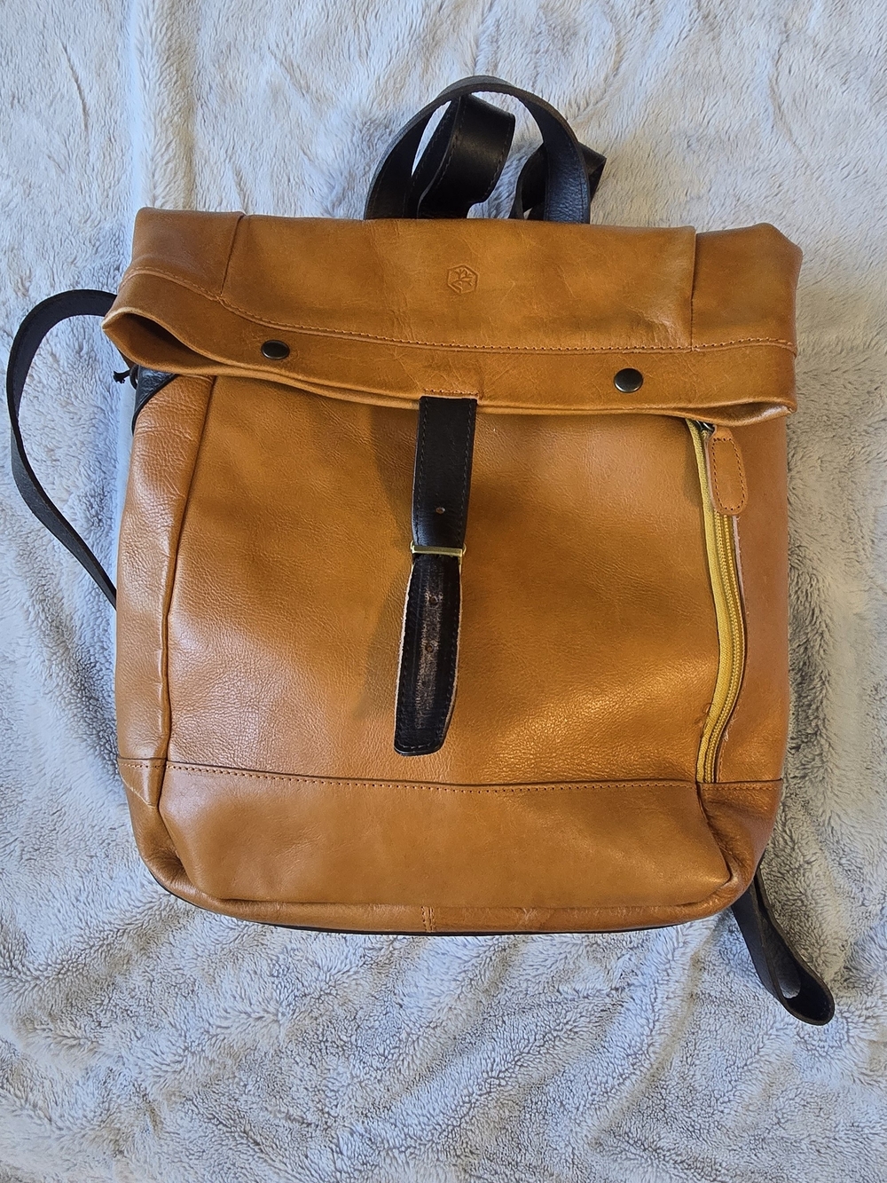 In Pell Genuine Leather Roll-Top Backpack in Cognac Brown Made In Italy